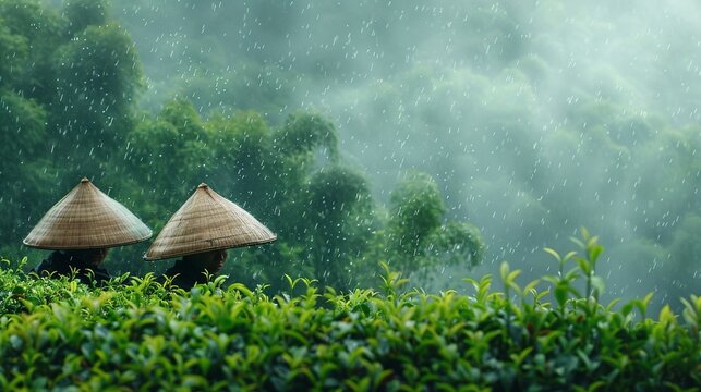 ea gardens of Hangzhou, China, light rain falls in March, and tea pickers wearing bamboo hats are harvesting in the tea gardens, presenting the atmosphere of misty and rainy