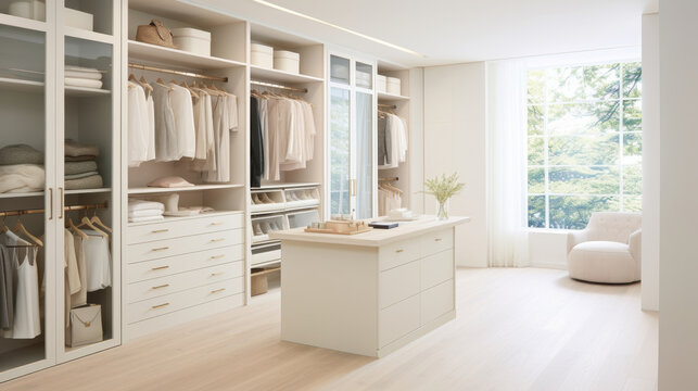 Modern luxury stylish white walk in closet feminine dressing room, minimal walk in wardrobe interior design