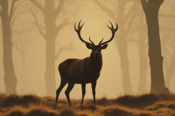 Naklejka na ściany i meble Red deer stag silhouette in the mist