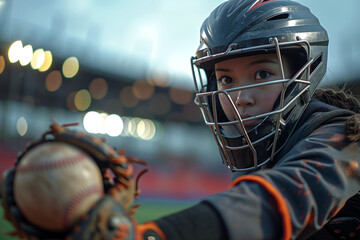 Young Girl With Catchers Mitt Holding Baseball