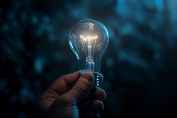 Captivating Glowing Light Bulb in Hand Against Mysterious Dark Blue Background