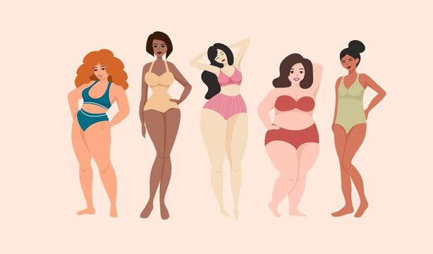 A group of women in swimsuits with different body types.