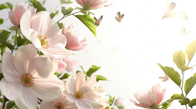 gentle pink flowers and butterflies frame or border, seamless background. Seamless Floral festive background for wedding invitations, greeting cards, banners. Generative AI