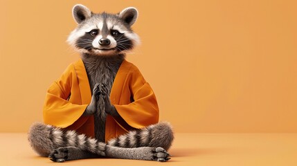 Smiling raccoon sitting in zen pose wearing an orange robe Generative AI - obrazy, fototapety, plakaty