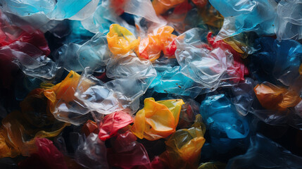 background of a vivid plastic waste undergoing decomposition, chaotic dance of texture and hue