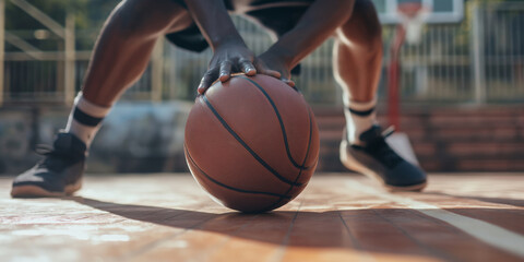 Close-up of Athlete Holding Basketball on Court During Sunny Day