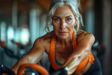 Senior woman with gray hair engaging in a workout on an exercise bike, showing focus and...