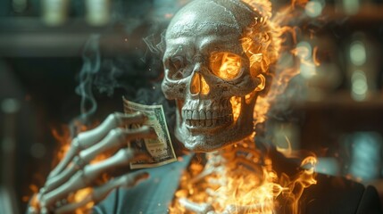 illustration of a skeleton in a business suit with a cash in hand burning