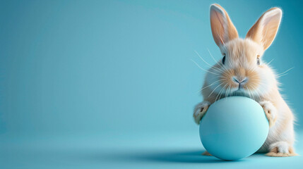 Adorable Easter bunny rabbit peeping behind Easter egg on blue background. generative ai