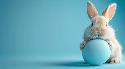 Foto op Aluminium Adorable Easter bunny rabbit peeping behind Easter egg on blue background. generative ai © Sunday Cat Studio