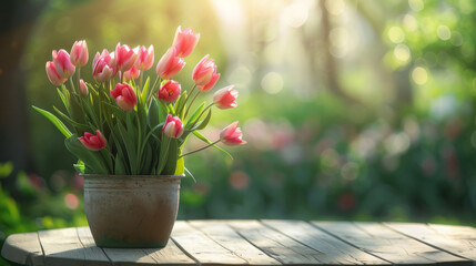 A wooden table with a bouquet of tulips on springtime meadow background, for product presentation...