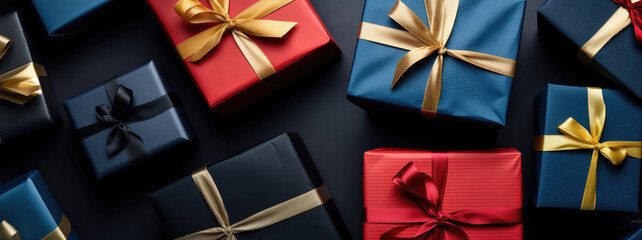 elegant banner of collection of beautifully wrapped Christmas presents of various color