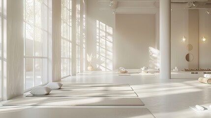 big white yoga studio with big windows letting in a soft sunlight, calming atmosphere, minimalist interior, yoga mats and yoga equipment - obrazy, fototapety, plakaty