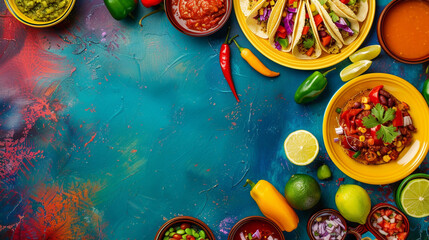 Happy Cinco de Mayo. Holiday banner.. Traditionale Mexican food, salsa, tacos, tamales on colorful...