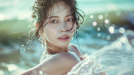 Beautiful korean young woman in the beach
