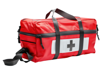 Emergency medical bag close-up on a white or transparent background. Ambulance bag with medicines, black and red, side view. Medical themed design element for insertion into a design or project.