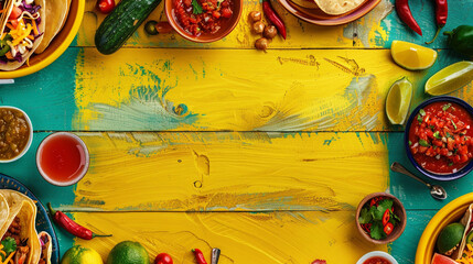 Happy Cinco de Mayo. Holiday banner.. Traditionale Mexican food, salsa, tacos, tamales on colorful...