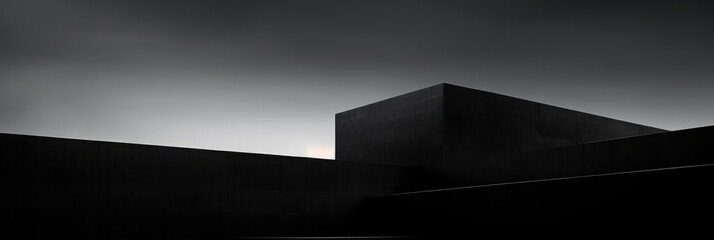 black minimalist architecture banner, silhouette of a stark, geometric structure cuts a dramatic figure against the dimming light of dusk