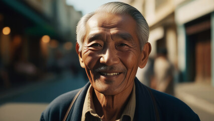 Portrait of happy mature asian elderly man at nature outdoor.  Senior ethnic asian smiling male in natural light