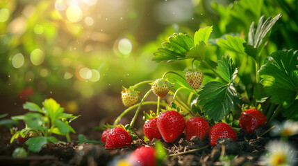 Strawberry growing in the garden.