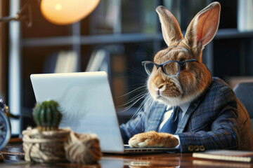 An adorable rabbit entrepreneur in a tailored suit and glasses working on a laptop computer in a contemporary office.