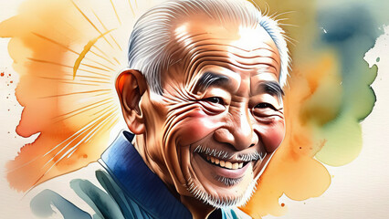 Portrait of mature happy asian elderly man. watercolor art. Senior ethnic asian smiling male