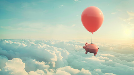 Piggy bank money savings tied with a balloon, floating into the air, inflation concept. - 767336580