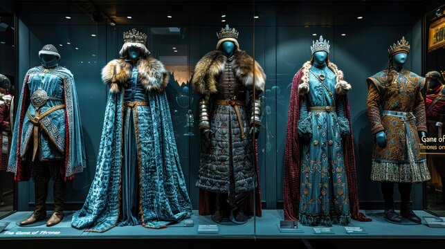 Original costumes of actors and props from the movie "The Game of Thrones" in the premises of the Maritime Museum of Barcelona.