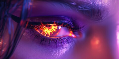 Woman's purple eye in the dark. Fire. Piercing eyes. Burning demonic eyes. Fiery Mysterious. Magic, secrecy, mysticism, visual effect. Hypnosis, power of sight. Look. Close up. Game art. Man - obrazy, fototapety, plakaty