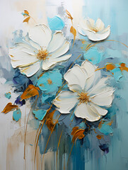 Abstract oil painting painted with palette knife. White petals, flowers with gold lines, on blue background.