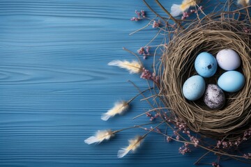 Naklejka na ściany i meble Banner. Easter eggs, feathers in a nest on a blue wooden background. The minimal concept. Top view. Card with a copy of the place for the text - generative ai