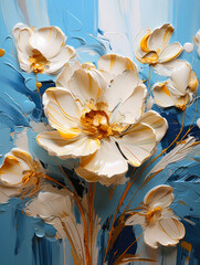 Abstract oil painting painted with  palette knife. White petals, flowers with gold lines, on blue background.