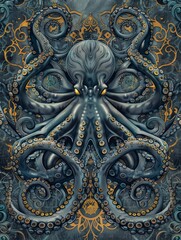 A detailed painting of an octopus with its tentacles gracefully swirling against a vibrant blue background
