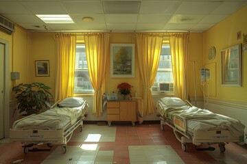 Confortable cuarto de un hospital privado con cortinas amarillas y dos camillas de paciente desordenadas recientemente desocupadas. Hospitalizacion y atencion sanitaria