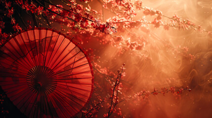 Umbrella and cherry blossoms with a radiant glow on a red background
