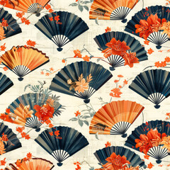 Seamless pattern of oriental fans with floral designs on vintage paper