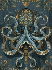 A realistic painting of an octopus with intricate details, set against a vibrant blue background