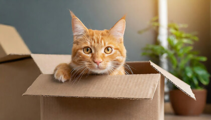 Cute ginger cat looking out of cardboard box at home. Fluffy pet, moving house concept