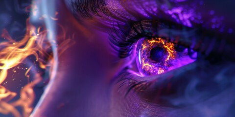 Woman's purple eye in the dark. Fire. Piercing eyes. Burning demonic eyes. Fiery Mysterious. Magic, secrecy, mysticism, visual effect. Hypnosis, power of sight. Look. Close up. Game art. Man