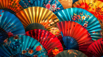Background with colorful Spanish fans with floral designs