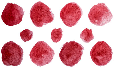 Set of red round watercolor stains isolated on a transparent background. Seamless repeating hand-drawn vector polka dot pattern
