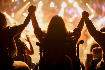 rear view of debilitated person sitting on wheelchair Enjoying Live Concert with Friends with arms grasped and raised