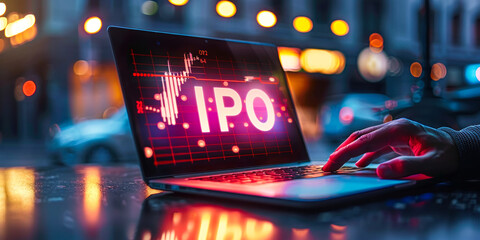 Investor or entrepreneur visualizing successful IPO Initial Public Offering, futuristic hologram projection, analyzing stock market data & trends to strategize public listing, business capital raise - obrazy, fototapety, plakaty