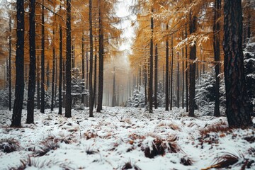 A dense forest covered in snow, with each tree branch coated in white. The landscape is a winter wonderland blanketed in a pristine layer of snow