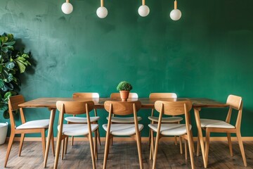 Scandinavian wooden dining table and chairs against the green wall with bulbs, design of modern dining room, a flower pot on table, panorama dinning table - obrazy, fototapety, plakaty