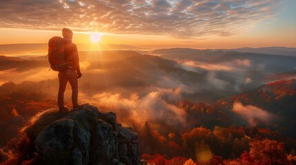 Sporty man on the mountain peak looking on mountain valley with sunbeams at colorful sunset in autumn in Europe. Landscape with traveler, foggy hills, forest in fall, amazing sky and Ai Generated  - obrazy, fototapety, plakaty