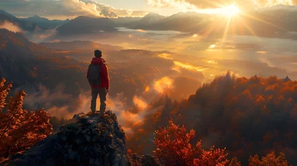 Sierkussen Sporty man on the mountain peak looking on mountain valley with sunbeams at colorful sunset in autumn in Europe. Landscape with traveler, foggy hills, forest in fall, amazing sky and Ai Generated  © Hamid
