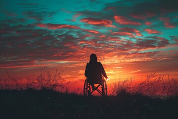Silhouette of an individual in a wheelchair against a vivid sunset sky with clouds