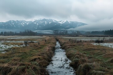 A stream cuts through a lush field, with towering mountains providing a majestic backdrop