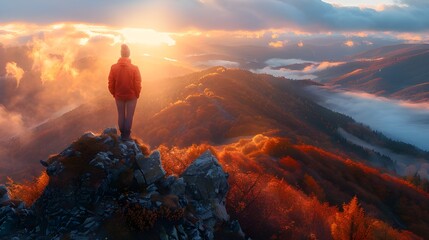 Sporty man on the mountain peak looking on mountain valley with sunbeams at colorful sunset in autumn in Europe. Landscape with traveler, foggy hills, forest in fall, amazing sky and Ai Generated  - obrazy, fototapety, plakaty
